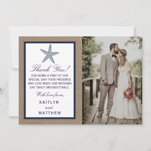 The Navy Starfish Burlap Beach Wedding Collection Thank You Card