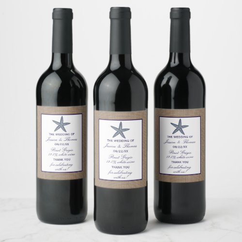 The Navy Starfish Burlap Beach Wedding Collection Wine Label