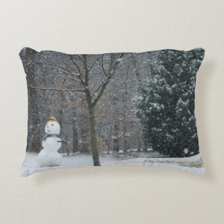 The Neighbor's Snowman Winter Snow Scene Accent Pillow