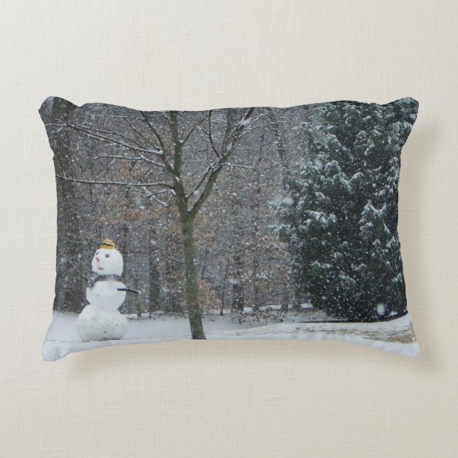 The Neighbor's Snowman Winter Snow Scene Accent Pillow (Front)