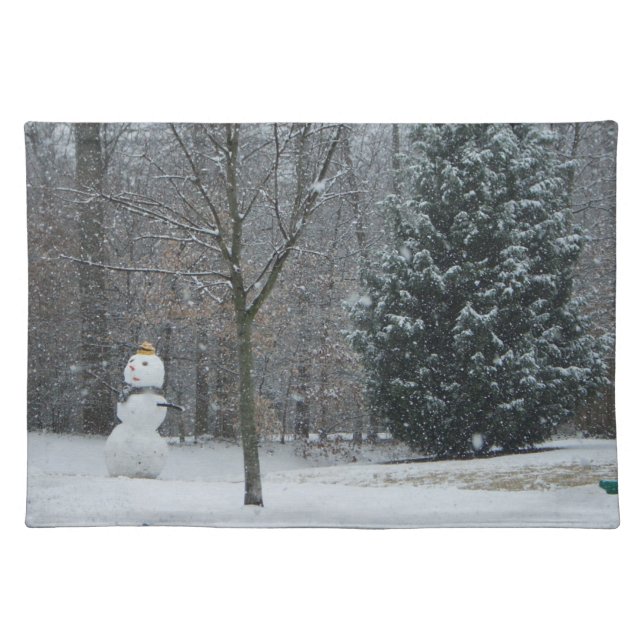 The Neighbor's Snowman Winter Snow Scene Cloth Placemat (Front)