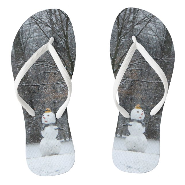 The Neighbor's Snowman Winter Snow Scene Flip Flops (Footbed)