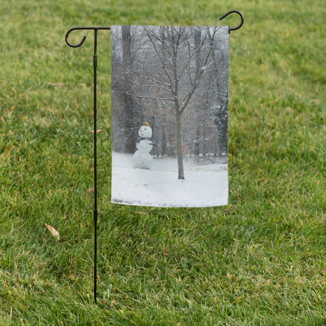 The Neighbor's Snowman Winter Snow Scene Garden Flag (In SItu)