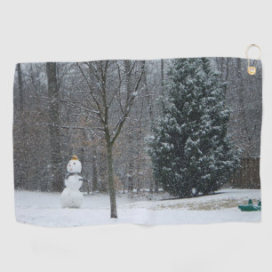 The Neighbor's Snowman Winter Snow Scene Golf Towel