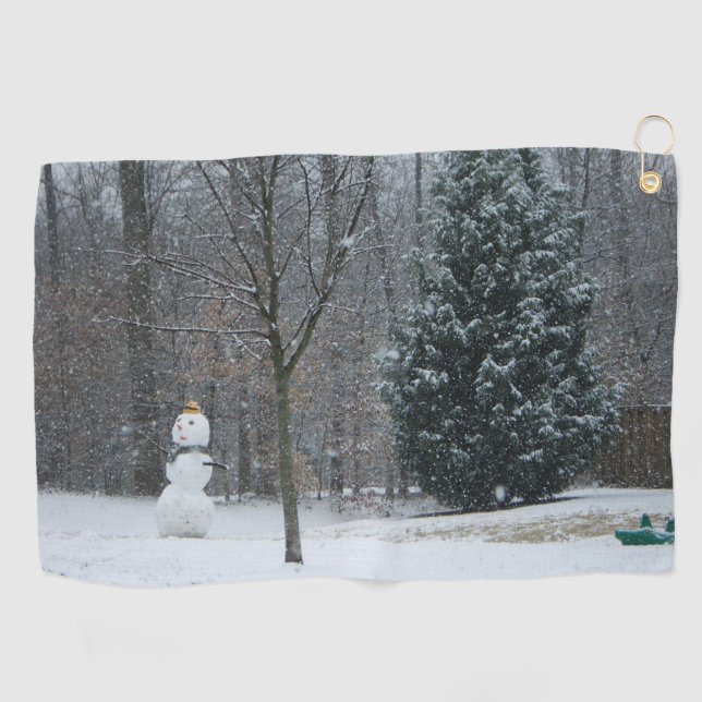 The Neighbor's Snowman Winter Snow Scene Golf Towel (Horizontal)
