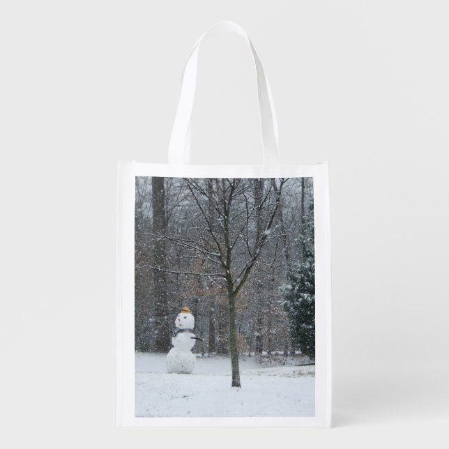 The Neighbor's Snowman Winter Snow Scene Grocery Bag (Front)