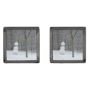 The Neighbor's Snowman Winter Snow Scene Gunmetal Finish Cufflinks