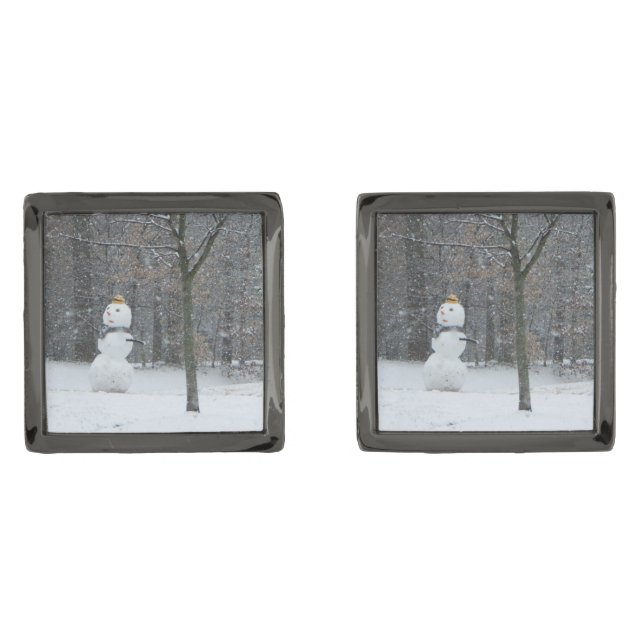 The Neighbor's Snowman Winter Snow Scene Gunmetal Finish Cufflinks (Front)