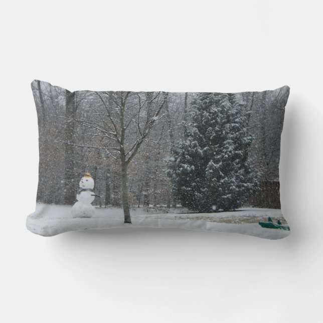 The Neighbor's Snowman Winter Snow Scene Lumbar Pillow (Front)