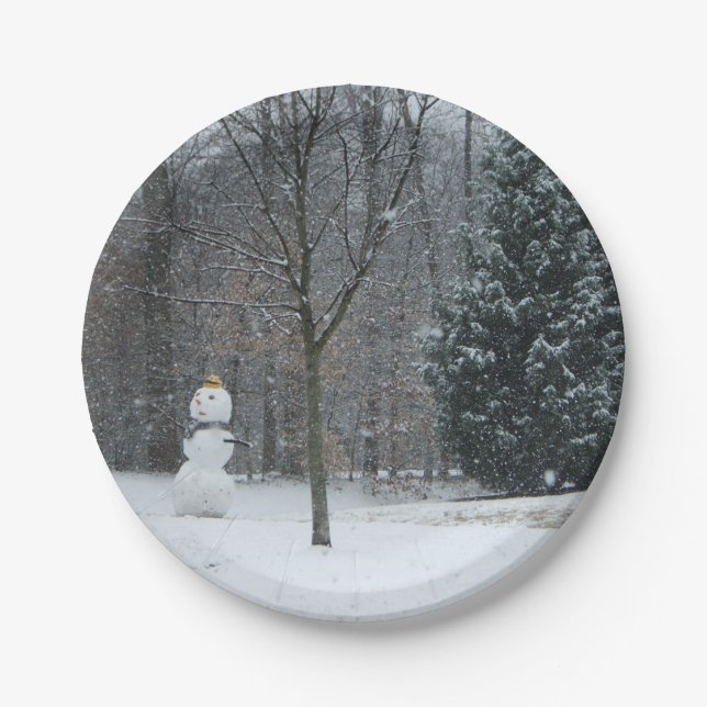 The Neighbor's Snowman Winter Snow Scene Paper Plates (Front)