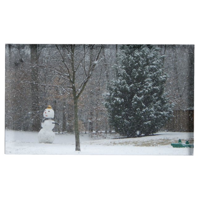 The Neighbor's Snowman Winter Snow Scene Place Card Holder (Front)