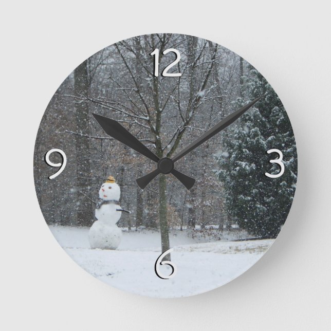The Neighbor's Snowman Winter Snow Scene Round Clock (Front)
