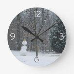 The Neighbor's Snowman Winter Snow Scene Round Clock