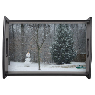 The Neighbor's Snowman Winter Snow Scene Serving Tray