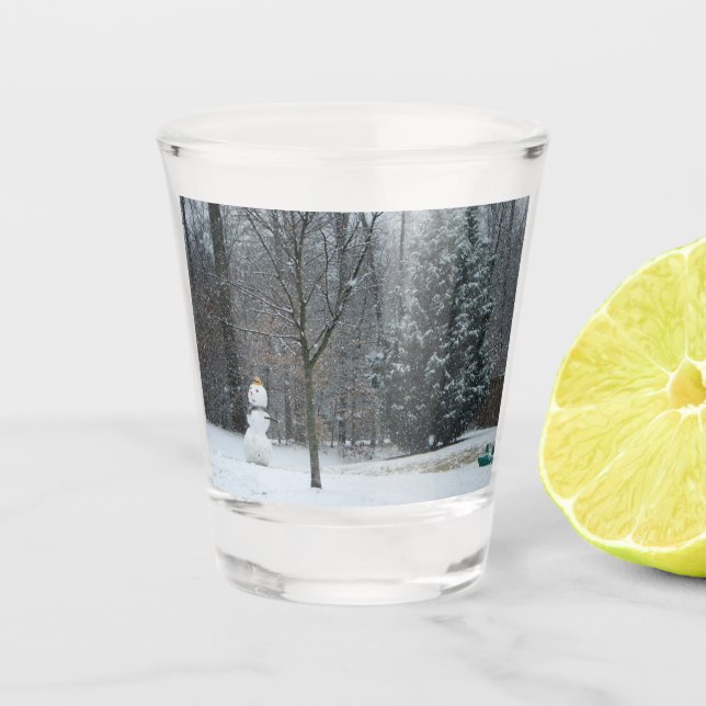The Neighbor's Snowman Winter Snow Scene Shot Glass (Front)
