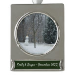 The Neighbor's Snowman Winter Snow Scene Silver Plated Banner Ornament