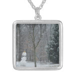 The Neighbor's Snowman Winter Snow Scene Silver Plated Necklace