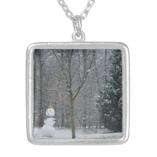 The Neighbor's Snowman Winter Snow Scene Silver Plated Necklace