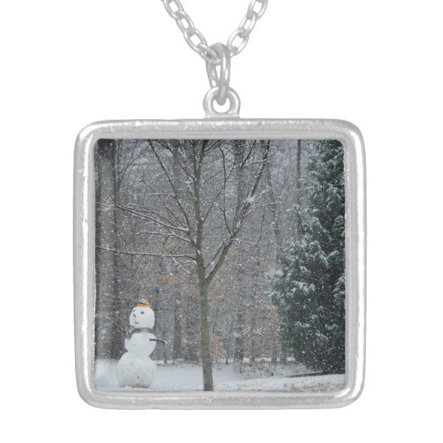 The Neighbor's Snowman Winter Snow Scene Silver Plated Necklace (Front)
