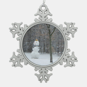 The Neighbor's Snowman Winter Snow Scene Snowflake Pewter Christmas Ornament