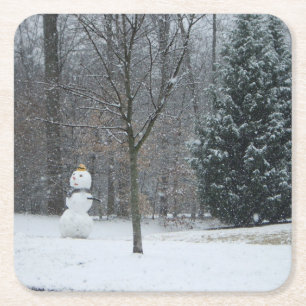The Neighbor's Snowman Winter Snow Scene Square Paper Coaster