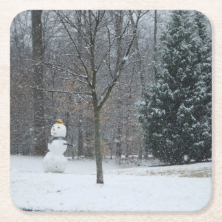 The Neighbor's Snowman Winter Snow Scene Square Paper Coaster