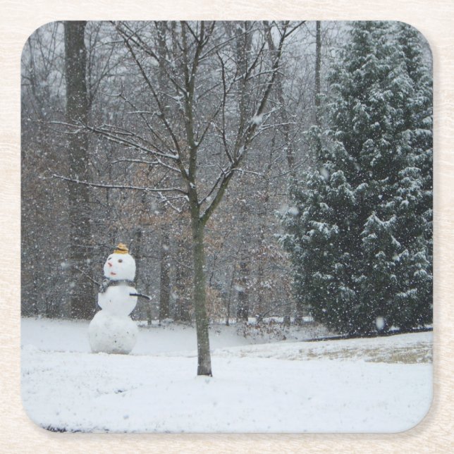 The Neighbor's Snowman Winter Snow Scene Square Paper Coaster (Front)