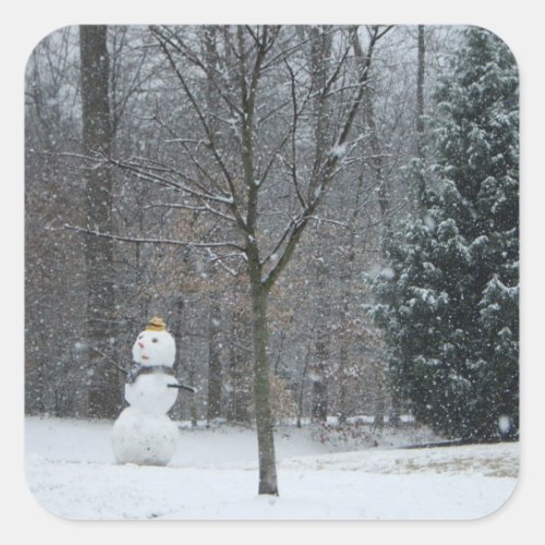 The Neighbors Snowman Winter Snow Scene Square Sticker