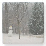 The Neighbor's Snowman Winter Snow Scene Stone Coaster