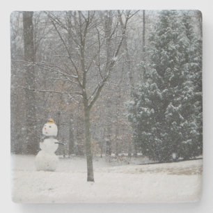 The Neighbor's Snowman Winter Snow Scene Stone Coaster