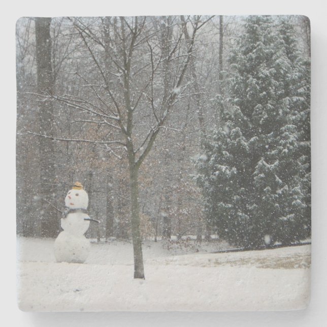 The Neighbor's Snowman Winter Snow Scene Stone Coaster (Front)