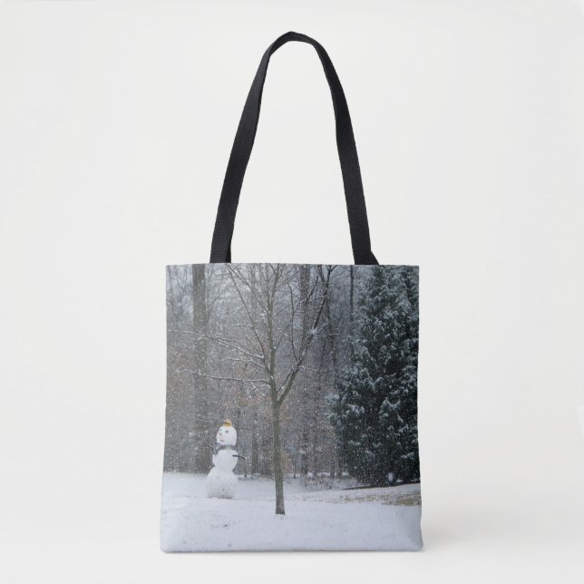 The Neighbor's Snowman Winter Snow Scene Tote Bag (Front)