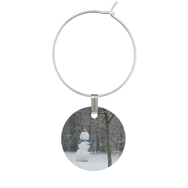 The Neighbor's Snowman Winter Snow Scene Wine Charm (Front)