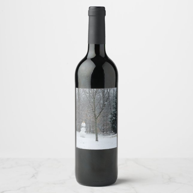 The Neighbor's Snowman Winter Snow Scene Wine Label (Front)