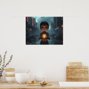 The Neon Refugee Girl: Futuristic Cyberpunk Poster