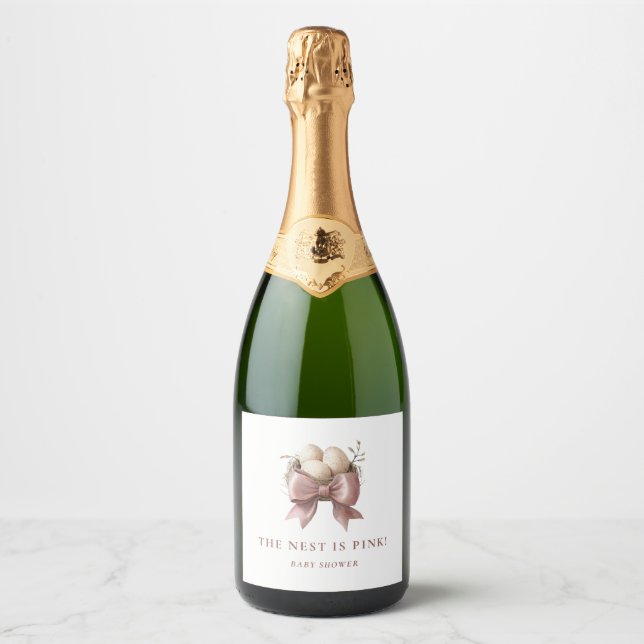 The nest is pink Baby Shower Sparkling Wine Label (Front)