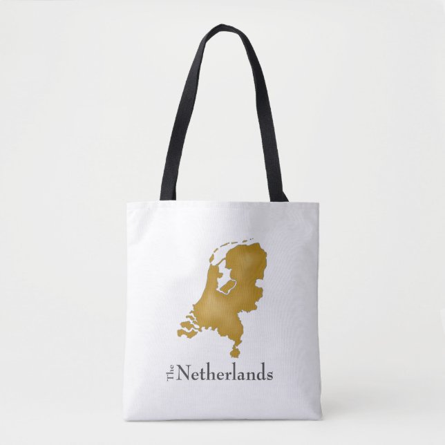 The Netherlands Map in Gold and Black Text Tote Bag (Front)