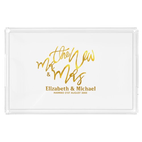 The New Mr and Mrs add name date venue Gold Acrylic Tray