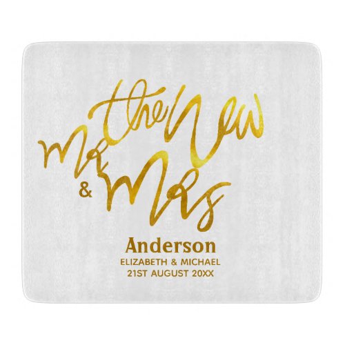 The New Mr and Mrs add name date venue Gold Cutting Board