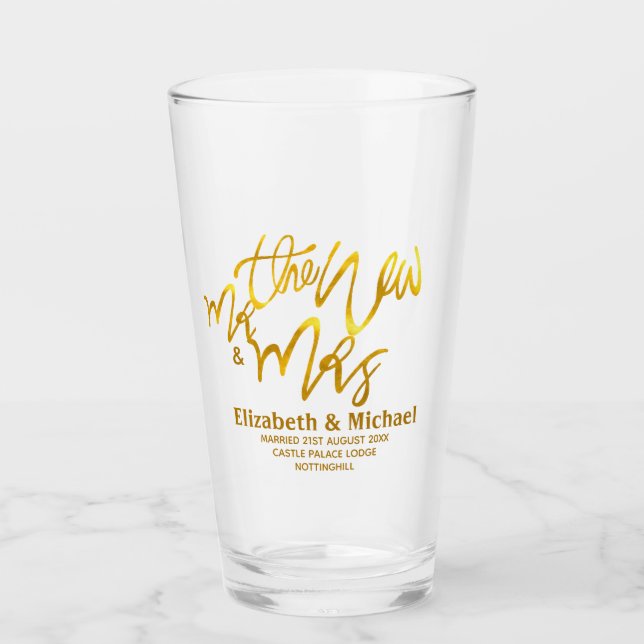 The New Mr and Mrs (add name, date, venue) Gold Glass (Front)