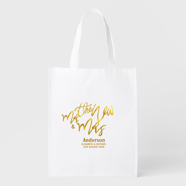 The New Mr and Mrs (add name, date, venue) Gold Grocery Bag (Front)
