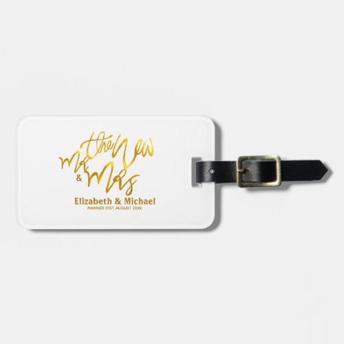 The New Mr and Mrs add name date venue Gold Luggage Tag