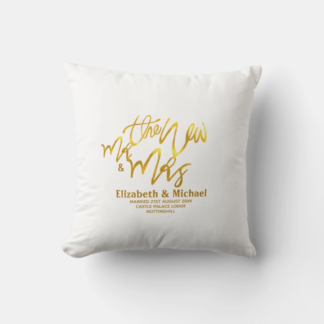 The New Mr and Mrs (add name, date, venue) Gold Throw Pillow (Front)