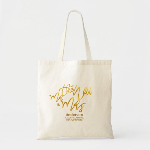 The New Mr and Mrs add name date venue Gold Tote Bag