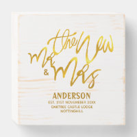 The New Mr and Mrs (add name, date, venue) Gold Wooden Box Sign
