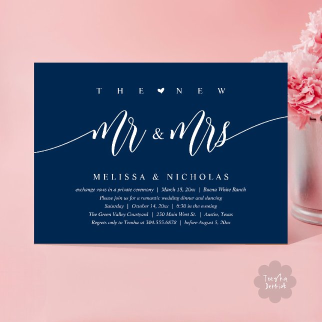 The New Mr and Mrs, Modern Wedding Dinner Party Invitation (The New Mr and Mrs, Modern Romantic Wedding Dinner Party Invites Minimalist Card PDF in Navy blue)