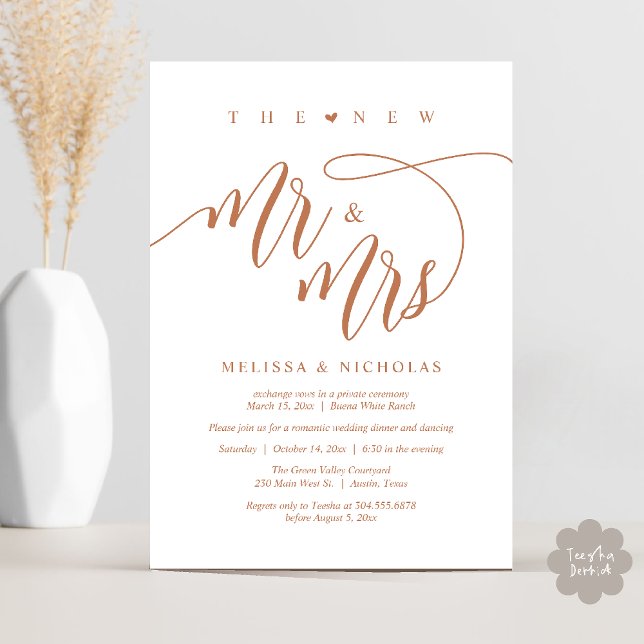 The New Mr and Mrs Modern Wedding Party Dinner Invitation (The New Mr and Mrs, Modern Romantic Wedding Dinner Party Invites Card PDF in Copper Brown)