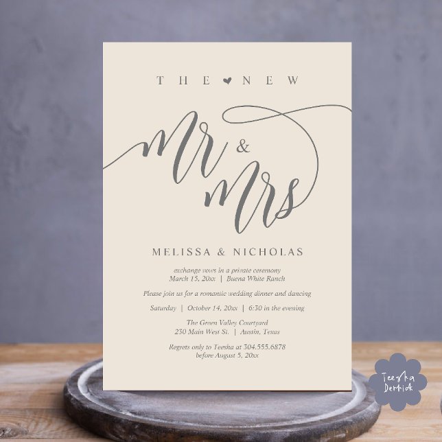 The New Mr and Mrs Modern Wedding Party Dinner Invitation (The New Mr and Mrs, Modern Romantic Wedding Dinner Party Invites Card PDF in Aesthetic Cream Grey)