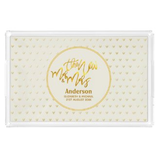 The New Mr and Mrs (name,date) Wedding Gold Hearts Acrylic Tray