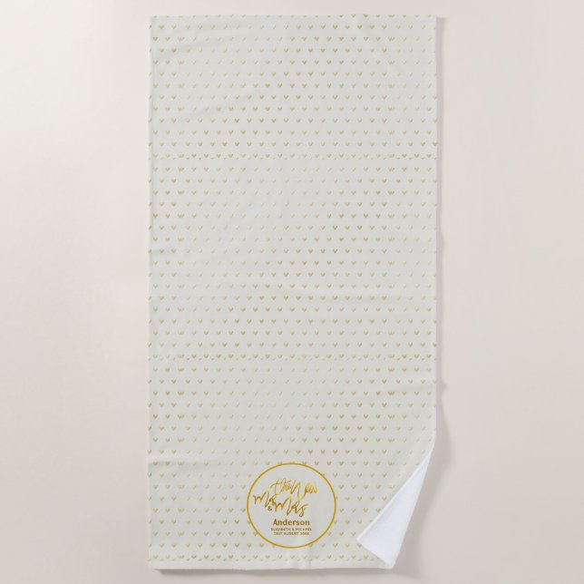 The New Mr and Mrs (name,date) Wedding Gold Hearts Beach Towel (Front)
